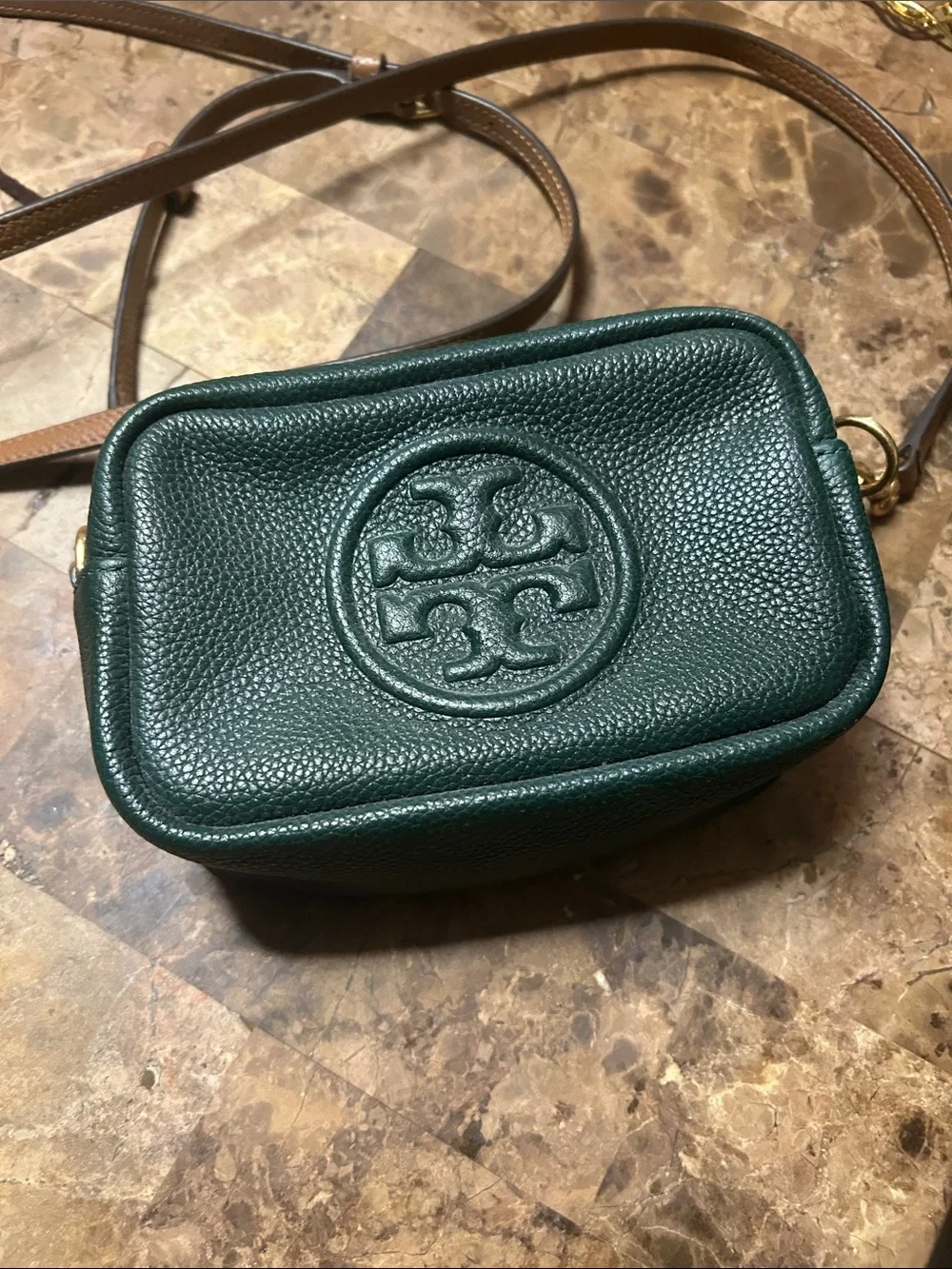 Tory Burch Dark Green Pebbled Leather Crossbody Camera Bag with Brown Strap